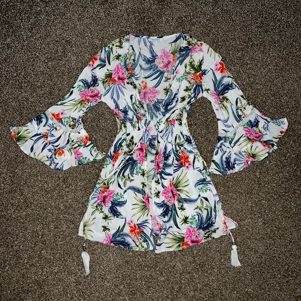 Blue Island Vintage OG White Pink Red Blue Green Tropical Floral Blouse